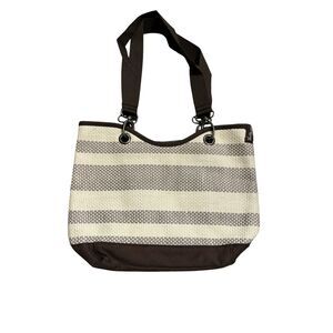 Thirty-One Canvas Crew Mini Tote Bag Taupe Stripe Cream Brown Women’s Bag NWT